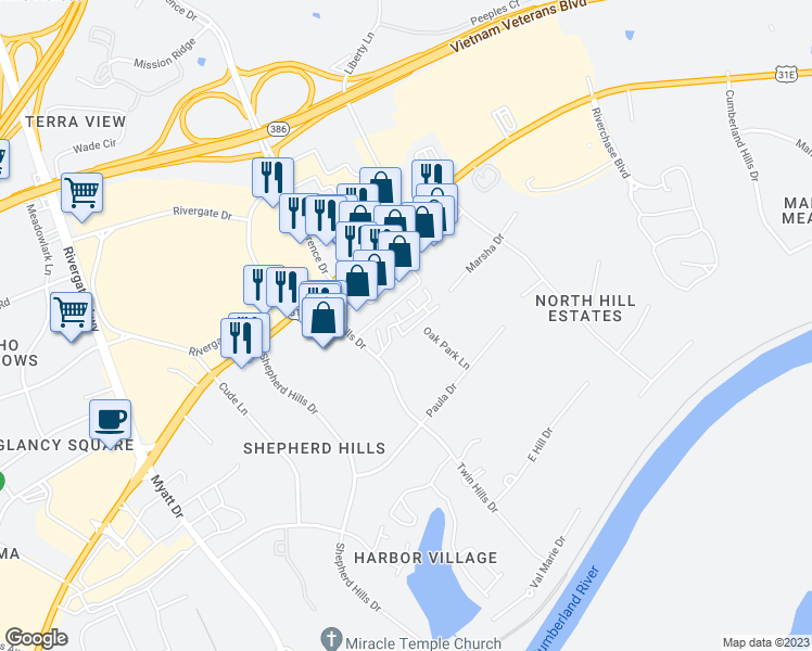 map of restaurants, bars, coffee shops, grocery stores, and more near 306 Churchill Crossing in Nashville