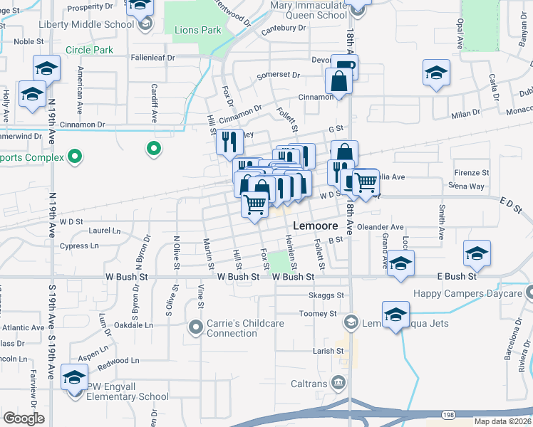 map of restaurants, bars, coffee shops, grocery stores, and more near 321 West D Street in Lemoore
