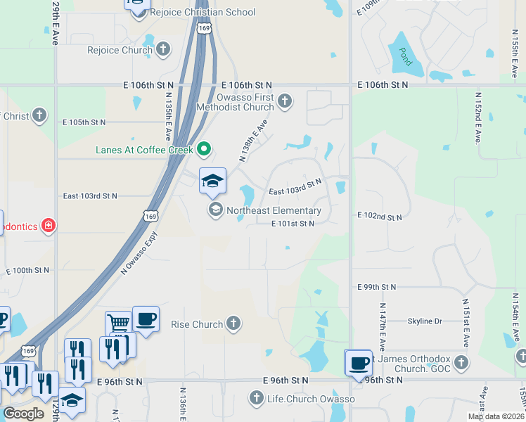 map of restaurants, bars, coffee shops, grocery stores, and more near 10212 North 140th East Avenue in Owasso