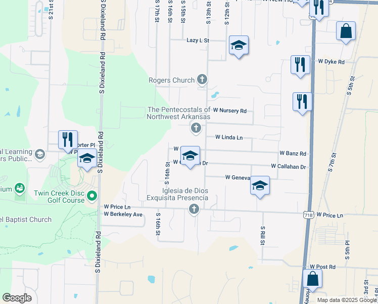map of restaurants, bars, coffee shops, grocery stores, and more near 1308 West Banz Road in Rogers