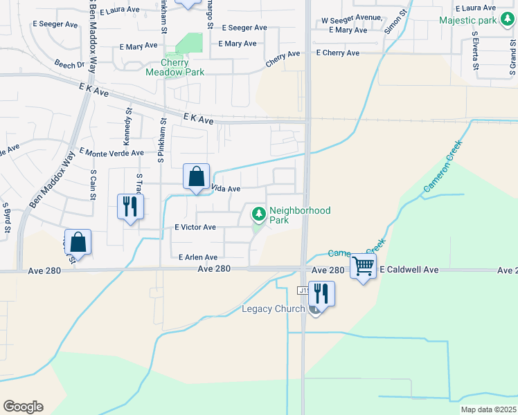 map of restaurants, bars, coffee shops, grocery stores, and more near 2625 East Parkview Avenue in Visalia