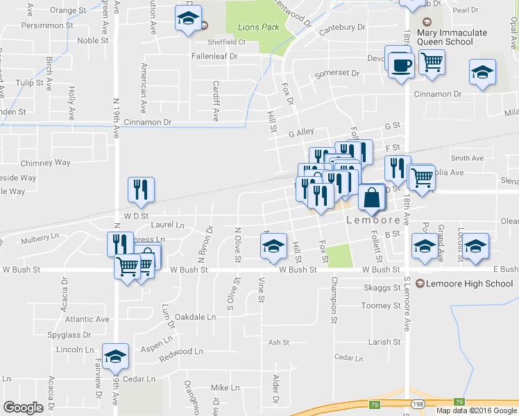 map of restaurants, bars, coffee shops, grocery stores, and more near 610 West D Street in Lemoore