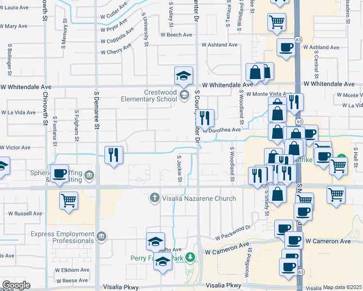 map of restaurants, bars, coffee shops, grocery stores, and more near 2949 West Victor Avenue in Visalia