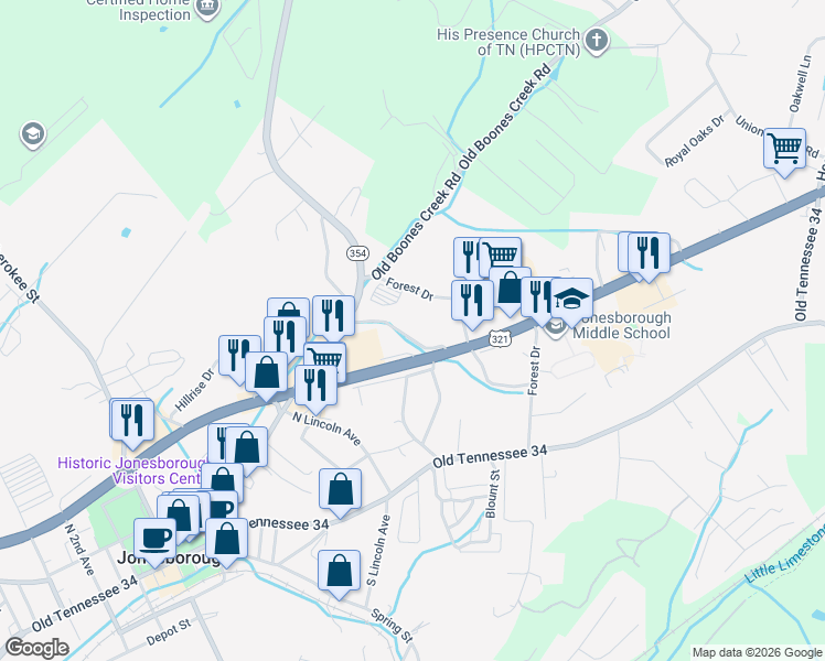 map of restaurants, bars, coffee shops, grocery stores, and more near 521 Meadowbrook Avenue in Jonesborough