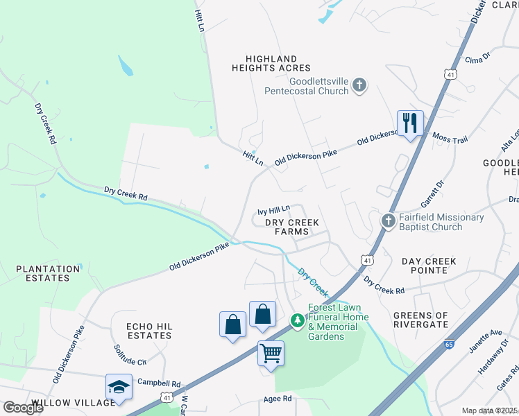map of restaurants, bars, coffee shops, grocery stores, and more near 154 Ivy Hill Lane in Goodlettsville