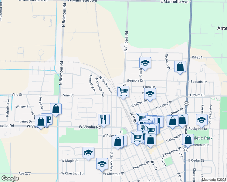 map of restaurants, bars, coffee shops, grocery stores, and more near 503 North Quince Avenue in Exeter