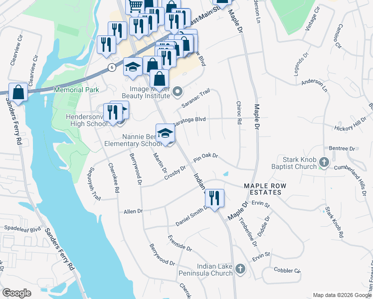 map of restaurants, bars, coffee shops, grocery stores, and more near 114 Galway Lake South in Hendersonville