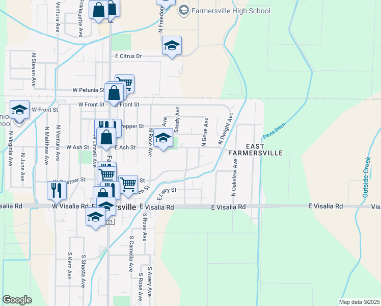 map of restaurants, bars, coffee shops, grocery stores, and more near 496 North Hester Avenue in Farmersville