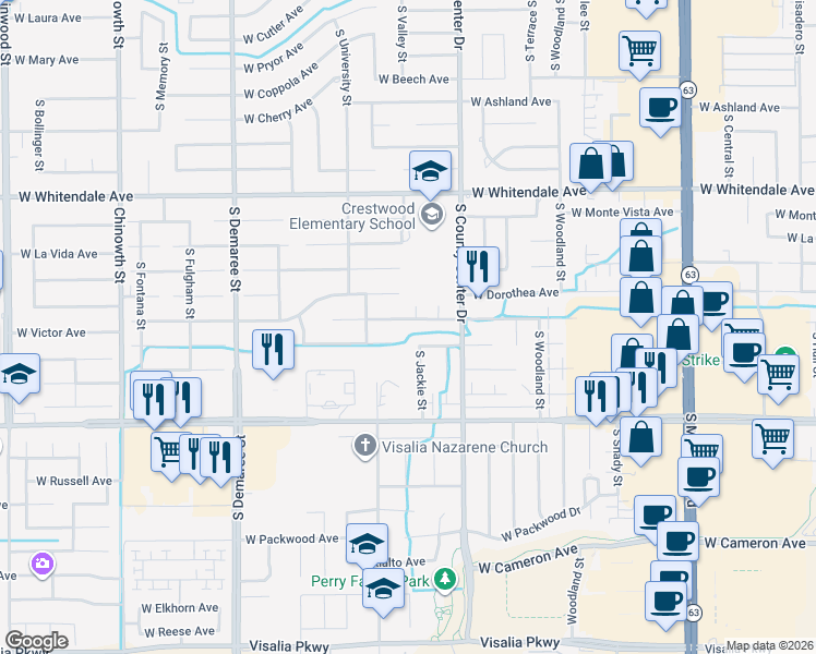 map of restaurants, bars, coffee shops, grocery stores, and more near 3045 West Victor Avenue in Visalia