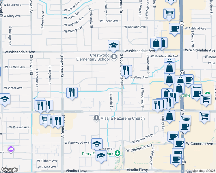 map of restaurants, bars, coffee shops, grocery stores, and more near 3045 West Victor Avenue in Visalia