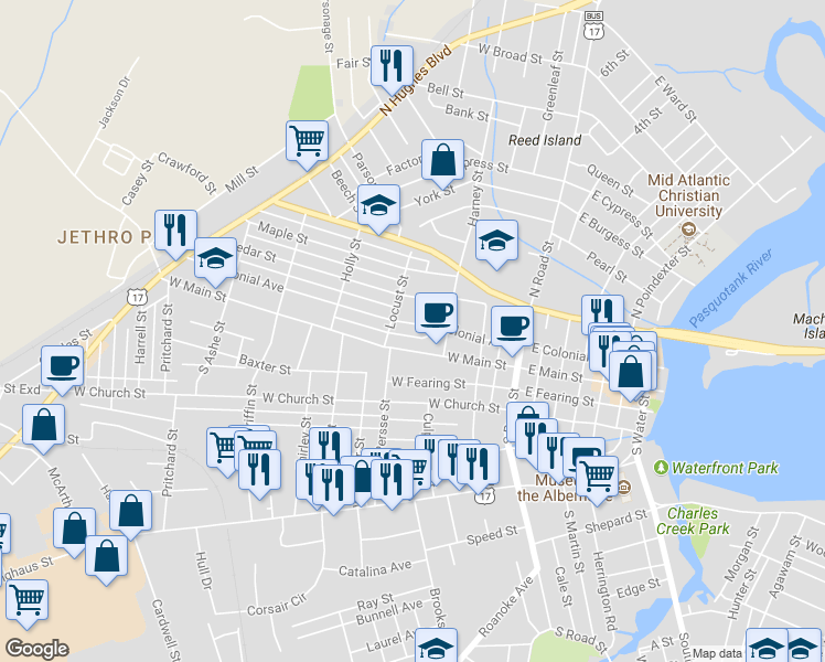 map of restaurants, bars, coffee shops, grocery stores, and more near 505 West Colonial Avenue in Elizabeth City