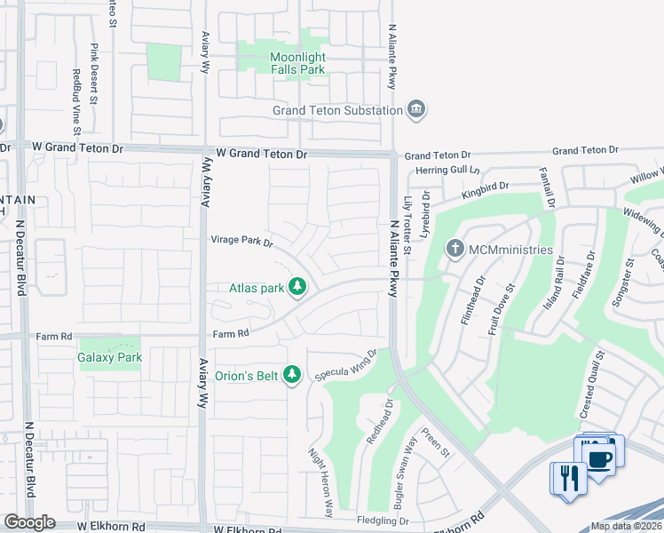 map of restaurants, bars, coffee shops, grocery stores, and more near Virage Park Drive in North Las Vegas