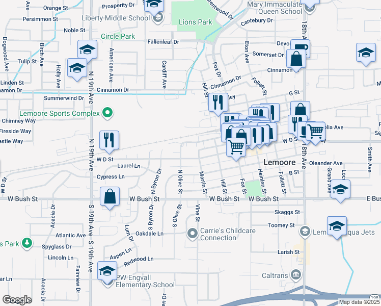 map of restaurants, bars, coffee shops, grocery stores, and more near 610 West D Street in Lemoore