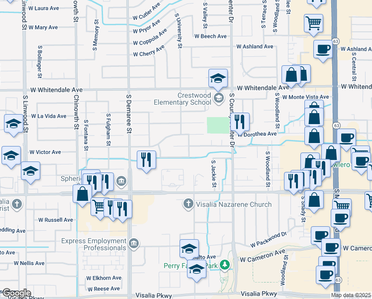 map of restaurants, bars, coffee shops, grocery stores, and more near 3239 West Victor Avenue in Visalia