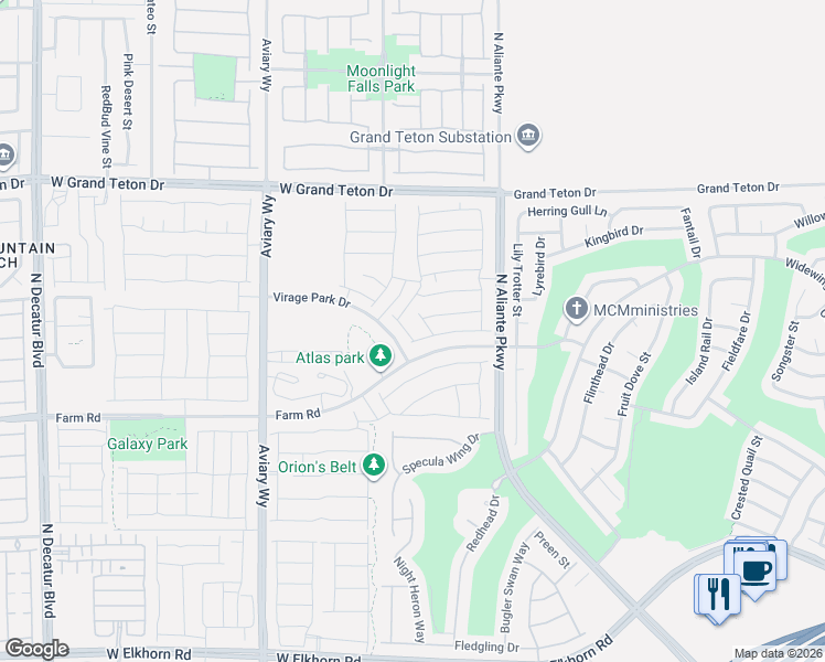 map of restaurants, bars, coffee shops, grocery stores, and more near Virage Park Drive in North Las Vegas