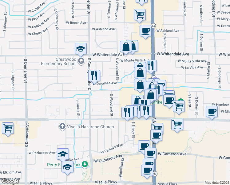 map of restaurants, bars, coffee shops, grocery stores, and more near 2531 West Victor Avenue in Visalia