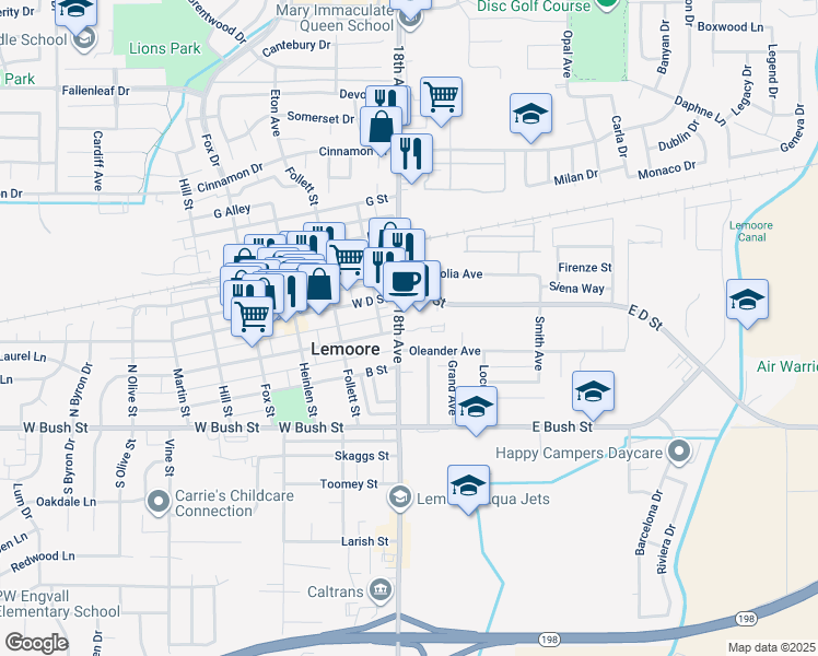 map of restaurants, bars, coffee shops, grocery stores, and more near 8 C Street in Lemoore