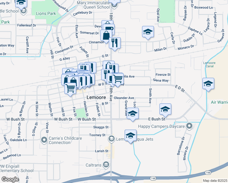 map of restaurants, bars, coffee shops, grocery stores, and more near 8 C Street in Lemoore