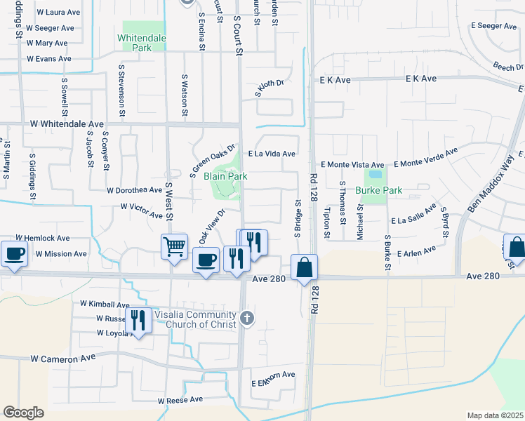 map of restaurants, bars, coffee shops, grocery stores, and more near 203 East Dorothea Court in Visalia