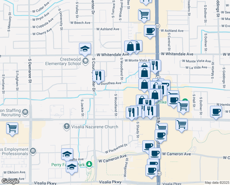map of restaurants, bars, coffee shops, grocery stores, and more near 3225 South Woodland Street in Visalia