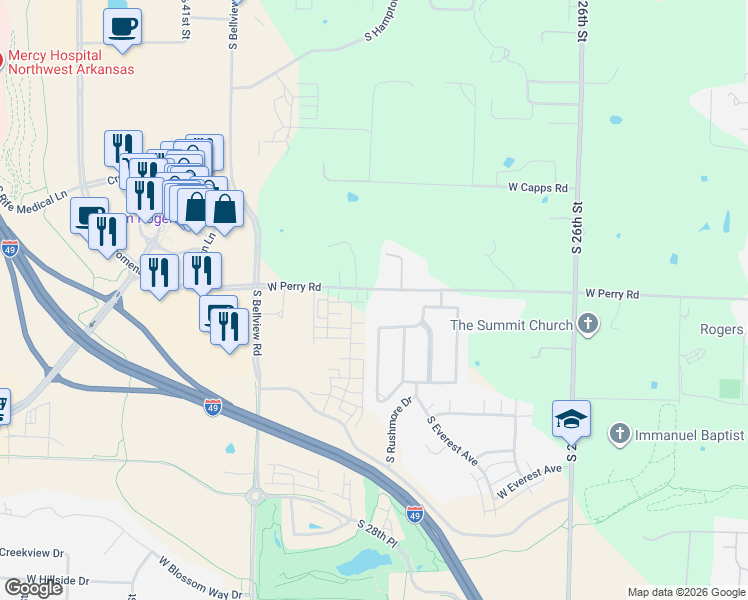 map of restaurants, bars, coffee shops, grocery stores, and more near 3024 West Jb Hunt Drive in Rogers
