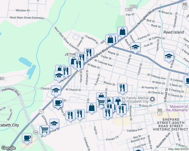 map of restaurants, bars, coffee shops, grocery stores, and more near 1107 Weeks Street in Elizabeth City