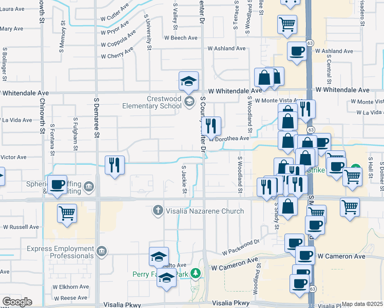 map of restaurants, bars, coffee shops, grocery stores, and more near 2949 West Victor Avenue in Visalia