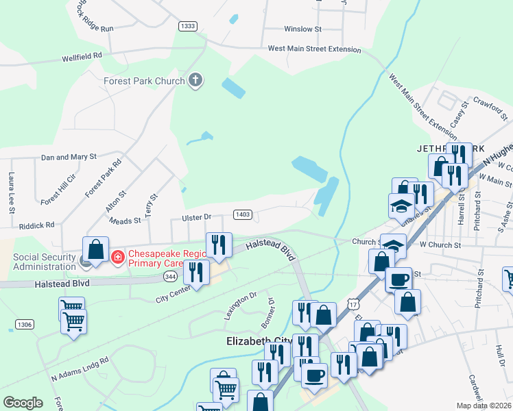 map of restaurants, bars, coffee shops, grocery stores, and more near 1704 Ulster Drive in Elizabeth City