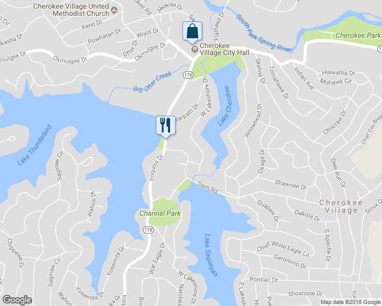 map of restaurants, bars, coffee shops, grocery stores, and more near 13 Iroquois Circle in Cherokee Village