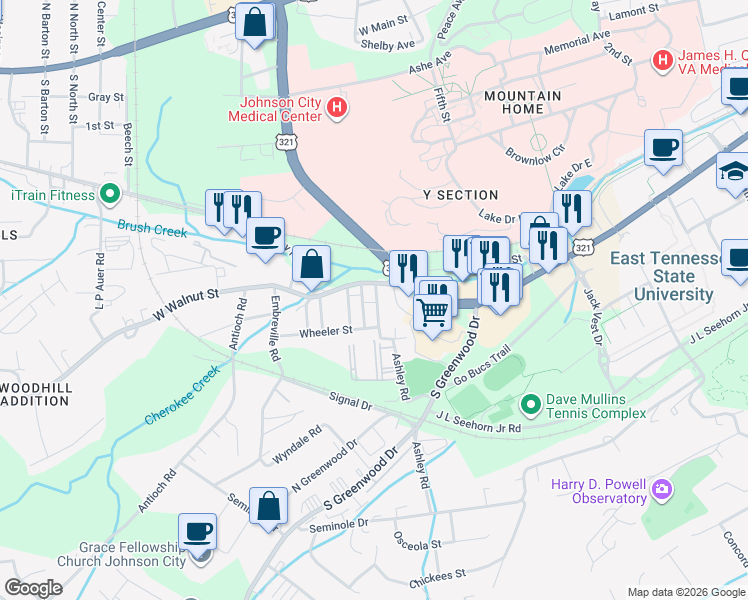map of restaurants, bars, coffee shops, grocery stores, and more near 710 Lovelace Street in Johnson City