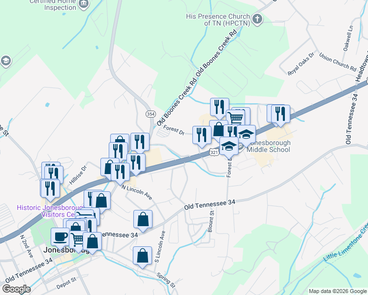 map of restaurants, bars, coffee shops, grocery stores, and more near 521 Meadowbrook Avenue in Jonesborough
