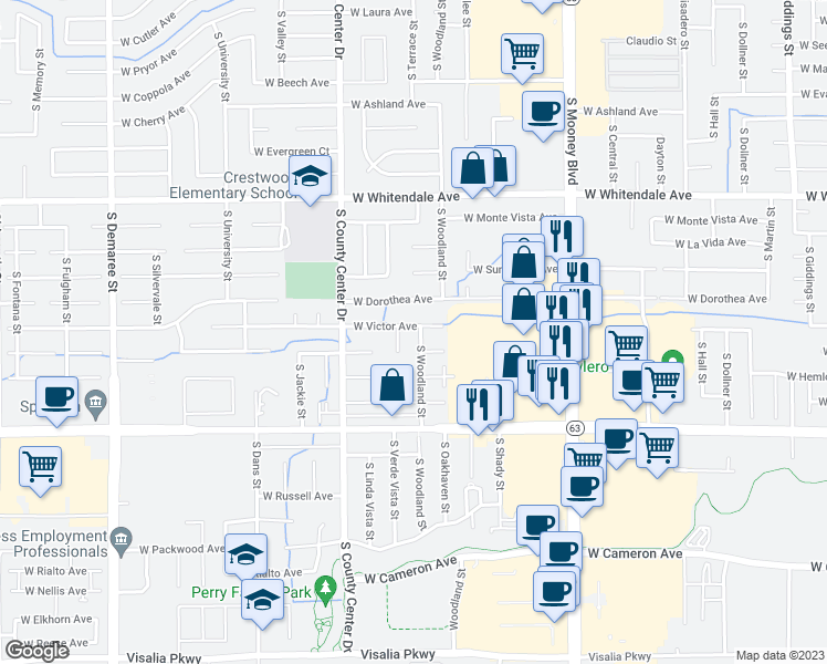map of restaurants, bars, coffee shops, grocery stores, and more near 2607 West Victor Avenue in Visalia