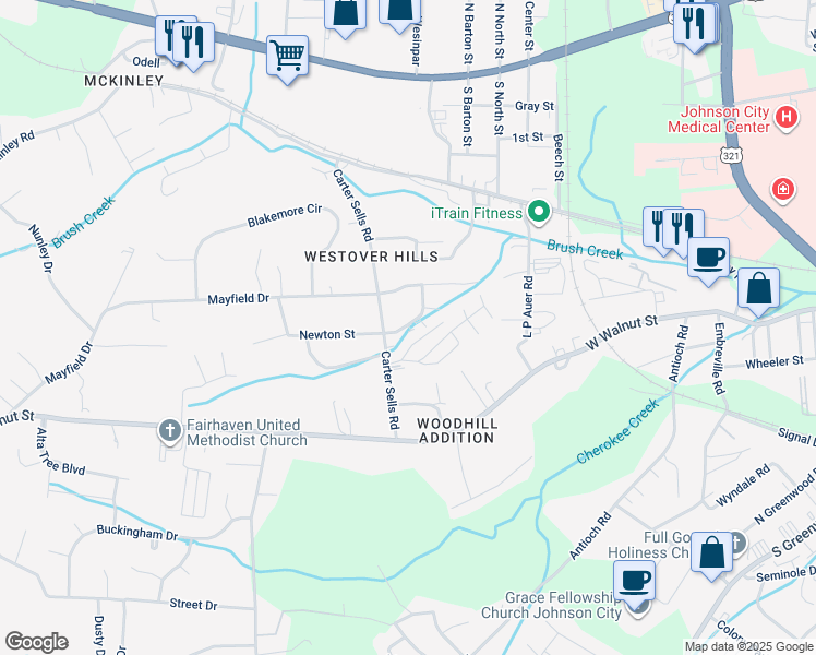 map of restaurants, bars, coffee shops, grocery stores, and more near 411 Brookhaven Drive in Johnson City