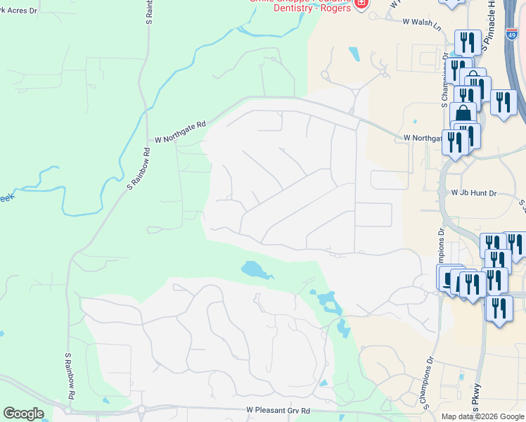 map of restaurants, bars, coffee shops, grocery stores, and more near 24 West Oxford Drive in Rogers