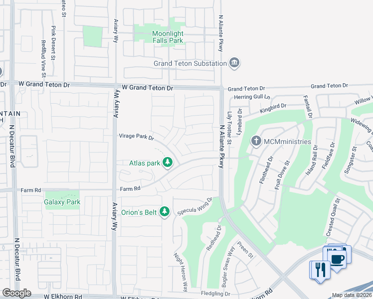 map of restaurants, bars, coffee shops, grocery stores, and more near Virage Park Drive in North Las Vegas