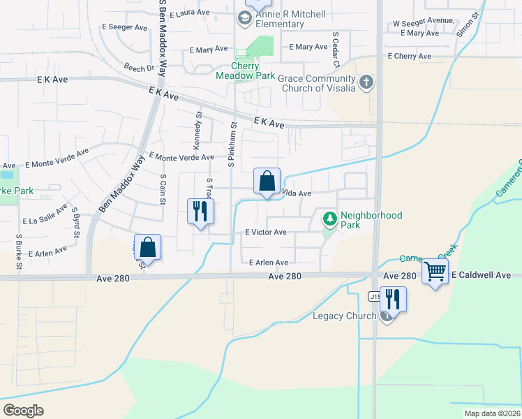 map of restaurants, bars, coffee shops, grocery stores, and more near 3223 South Jensen Court in Visalia