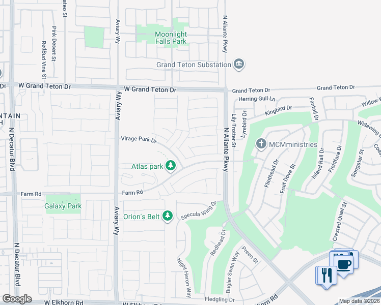 map of restaurants, bars, coffee shops, grocery stores, and more near Virage Park Drive in North Las Vegas