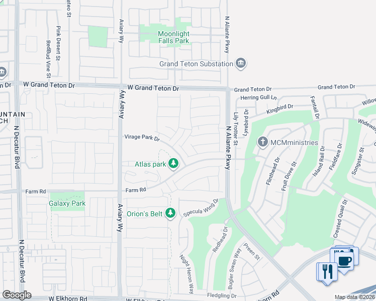 map of restaurants, bars, coffee shops, grocery stores, and more near Virage Park Drive in North Las Vegas
