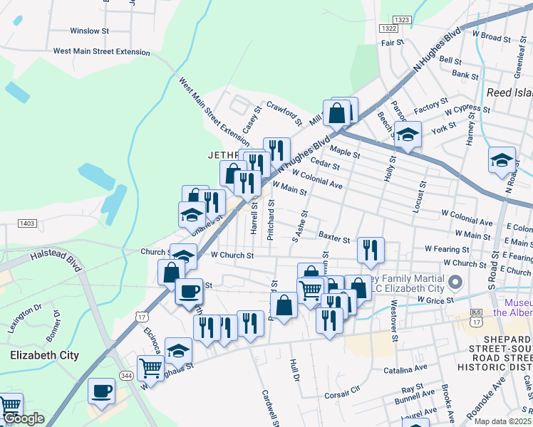 map of restaurants, bars, coffee shops, grocery stores, and more near 117 Pritchard Street in Elizabeth City