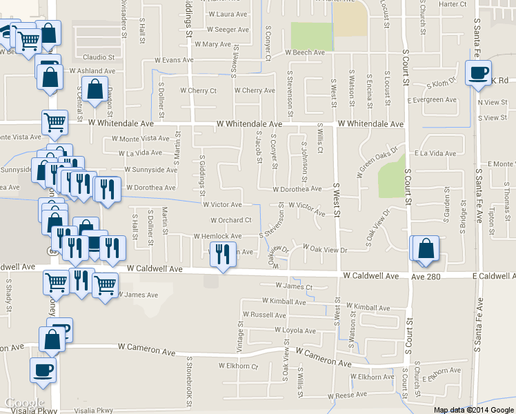 map of restaurants, bars, coffee shops, grocery stores, and more near 909 West Victor Avenue in Visalia