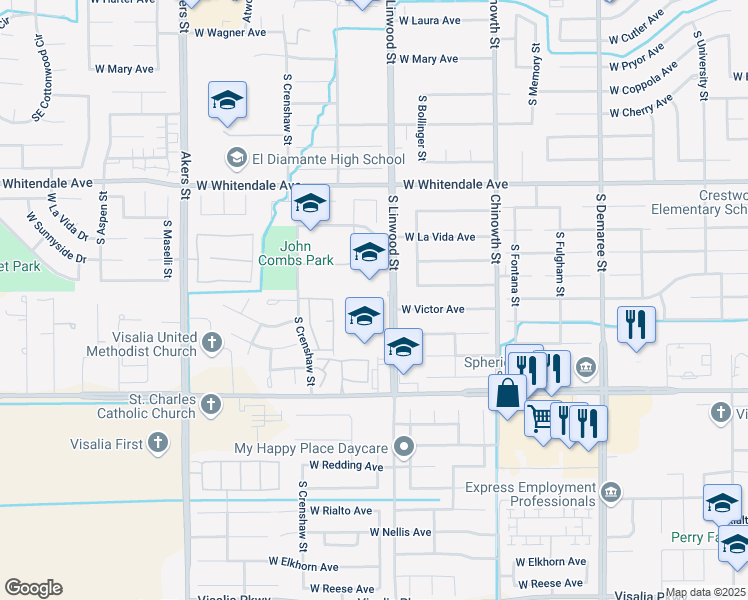 map of restaurants, bars, coffee shops, grocery stores, and more near 3129 South Linwood Street in Visalia