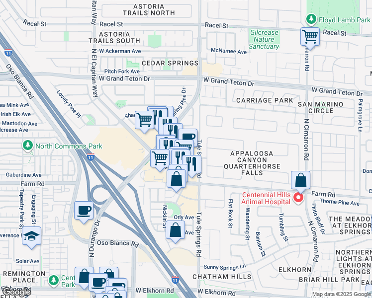 map of restaurants, bars, coffee shops, grocery stores, and more near 8416 Farm Road in Las Vegas