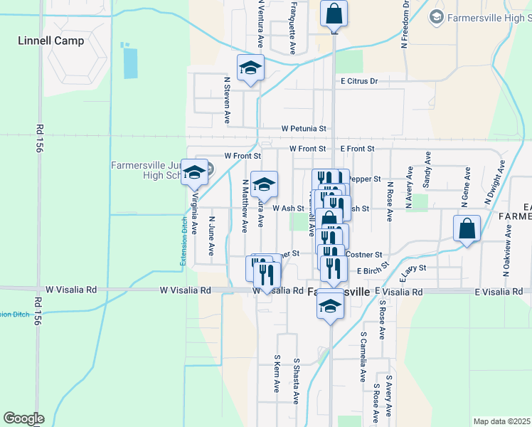 map of restaurants, bars, coffee shops, grocery stores, and more near 522 North Ventura Avenue in Farmersville