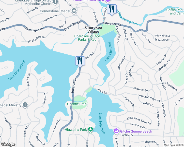 map of restaurants, bars, coffee shops, grocery stores, and more near 19 West Lakeshore Drive in Cherokee Village