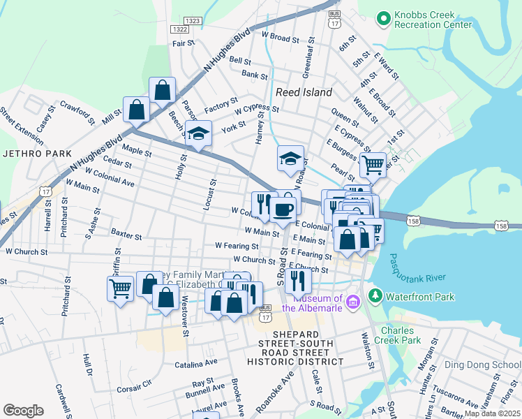 map of restaurants, bars, coffee shops, grocery stores, and more near 205 North Dyer Street in Elizabeth City
