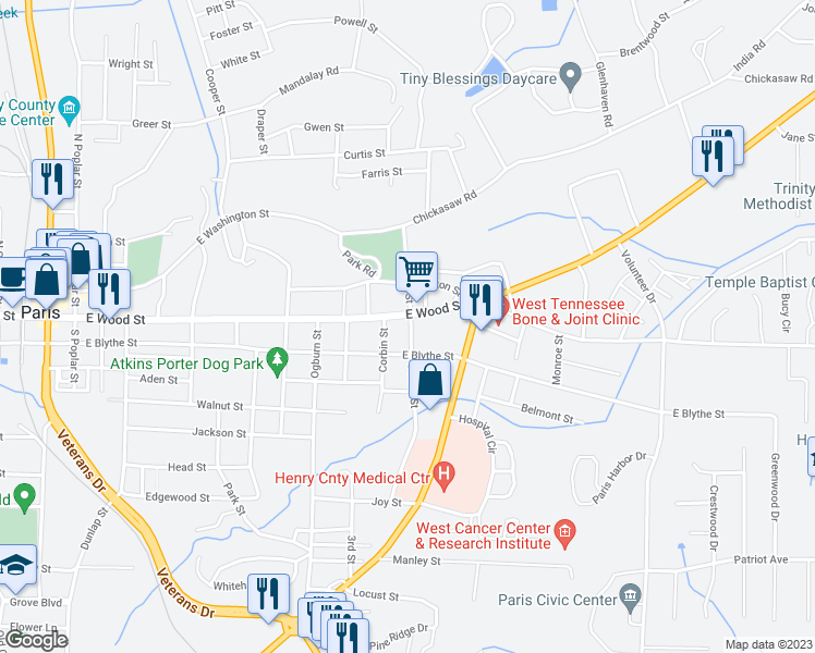 map of restaurants, bars, coffee shops, grocery stores, and more near 823 E Wood St in Paris