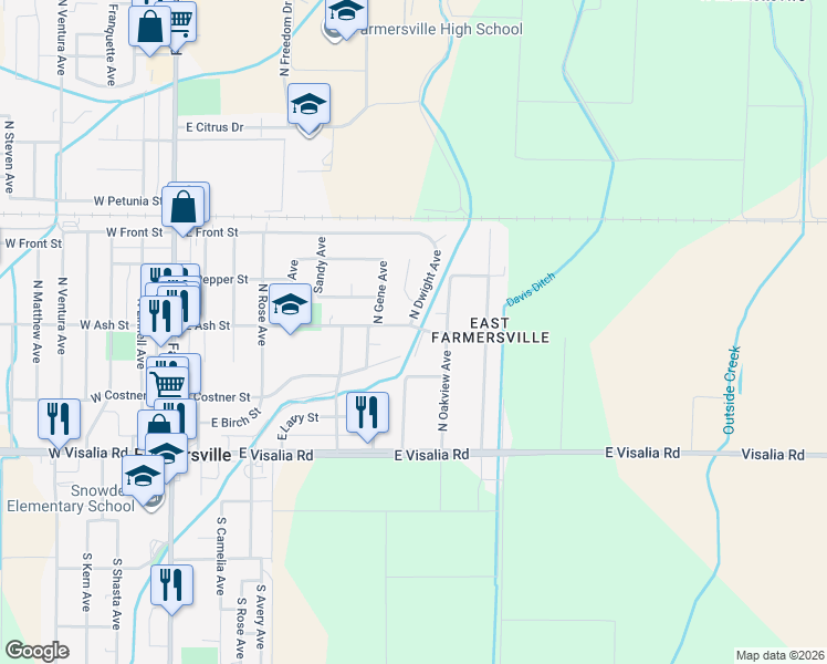 map of restaurants, bars, coffee shops, grocery stores, and more near 965 East Ash Street in Farmersville