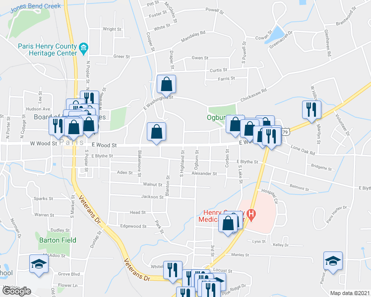 map of restaurants, bars, coffee shops, grocery stores, and more near 601 East Wood Street in Paris