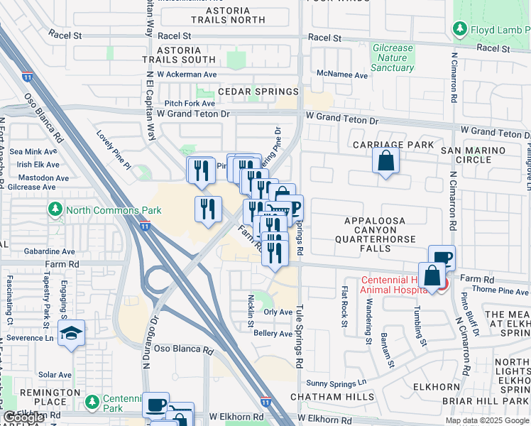 map of restaurants, bars, coffee shops, grocery stores, and more near 8416 Farm Road in Las Vegas