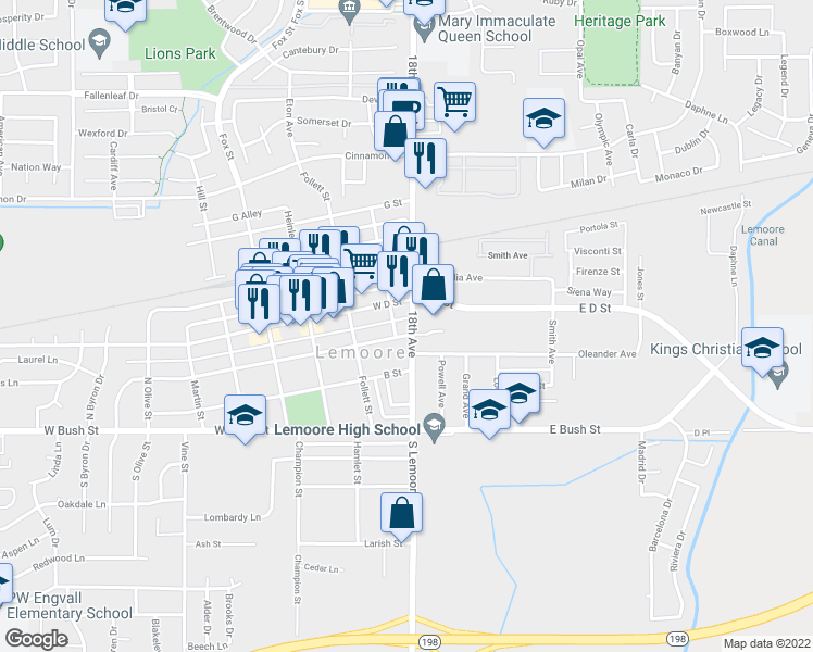 map of restaurants, bars, coffee shops, grocery stores, and more near 8 C Street in Lemoore
